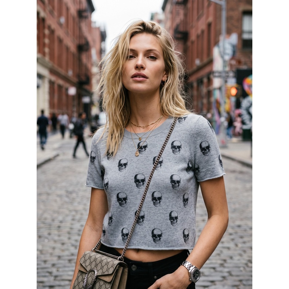 Skull Cashmere Livia 100% Cashmere Skull Print Crop Sweater Chambray Blue NWT M